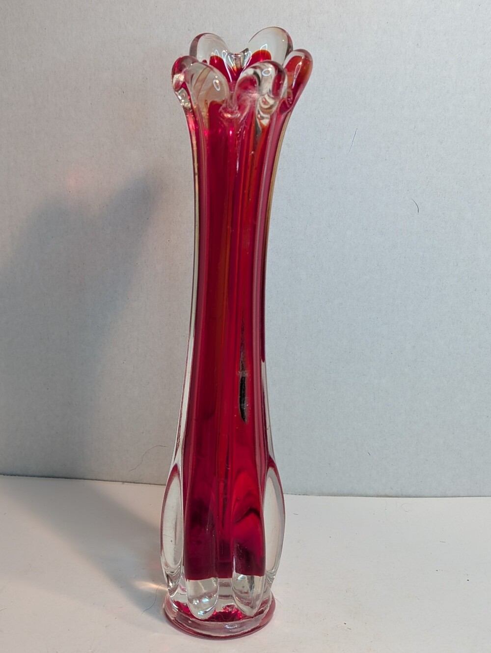 Vintage Finger Red & Clear Art Glass Swung Vase Bud Vase.